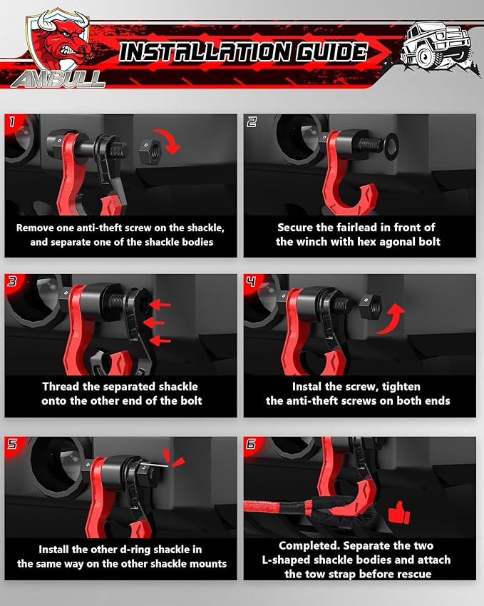 3/4" D Ring Separate Shackles, 52,910lbs Break Strength Easy Open Towing Winch Shackles, Heavy Duty Shackles with 7/8" Screw Pin for Tow Strap Winch Off Road Vehicle Recovery, BlackRed