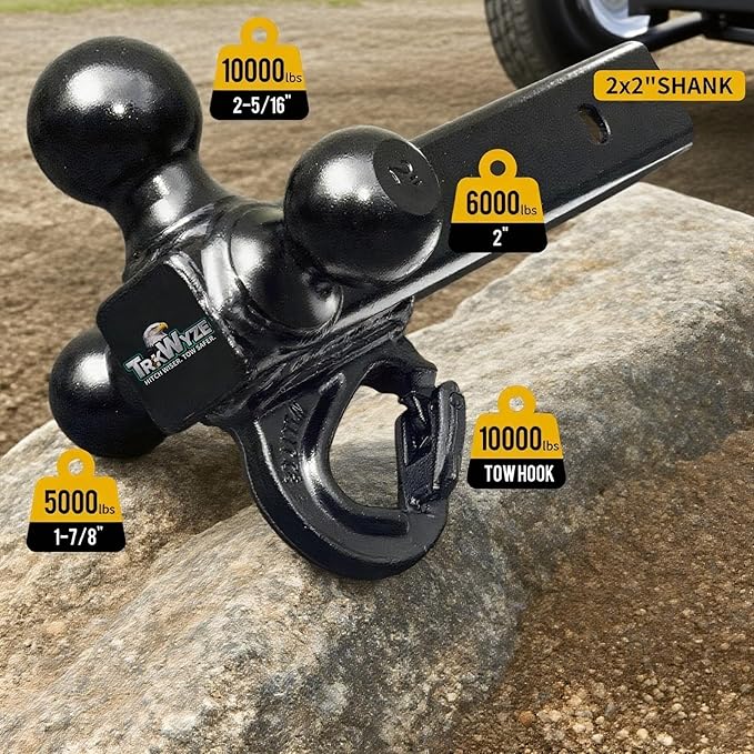 Trailer Hitch, Tri Ball Hitch with Tow Hook, 1 7/8 Ball Hitch, 2 inch Ball Hitch, 2 5/16 Ball Hitch, Premium Black E-Coat, Rust Resistant 2 inch Receiver Hitch, 10,000 lbs GTW