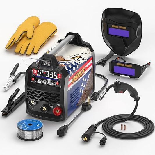 ANDELI 135Amp MIG Welder 110V/220V Dual Voltage, Portable Flux Core MIG/Lift Tig/Stick 3-in-1 Multiprocess MIG Welding Machine with Synergy, LED Display Full Kit (Bonus Welding Helmet & Gloves)