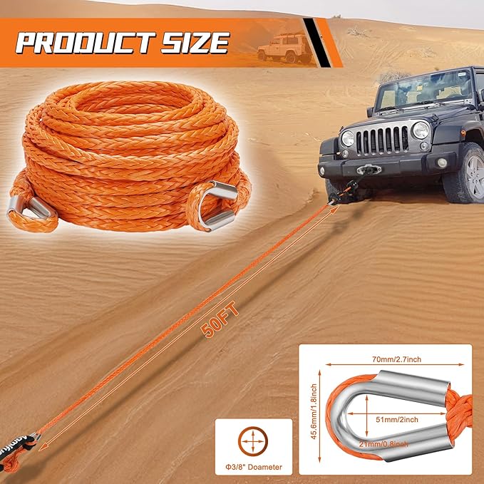 Synthetic Winch Rope Extension, 3/8Inch x 50Ft 26500 Lbs Winch Extension Cable Replacement Tow Ropes Line for Off Road Vehicle ATV UTV Truck SUV Jeep (Orange)