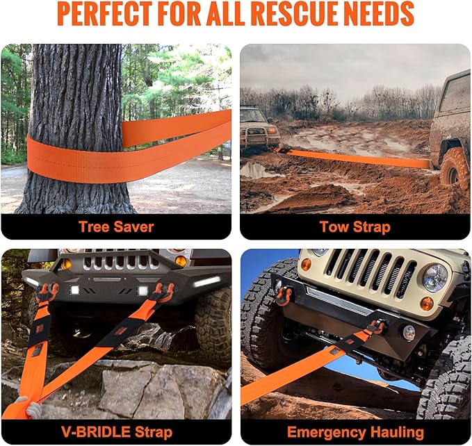 VEVOR Tow Straps Heavy Duty with Loops 4" x 30', 46,500 lbs Break Strength, Tree Saver, Emergency Off Road Towing and Recovery, Triple Reinforced Loops, Protective Sleeves & Storage Bag