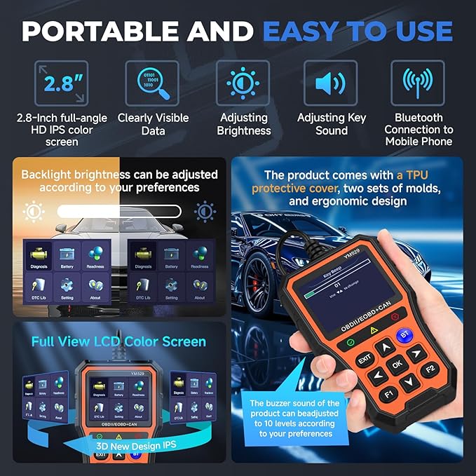 Bluetooth OBD2 Scanner with Battery Tester & Monitoring & Life Test - Support Checking Car Diagnostic Information on iPhone & Android, 2.8 inch HD Large Color Screen, TPU case Protection, Orange