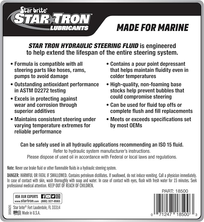 Star Tron Premium Synthetic Blend Hydraulic Steering Fluid, ISO 15, Marine-Grade