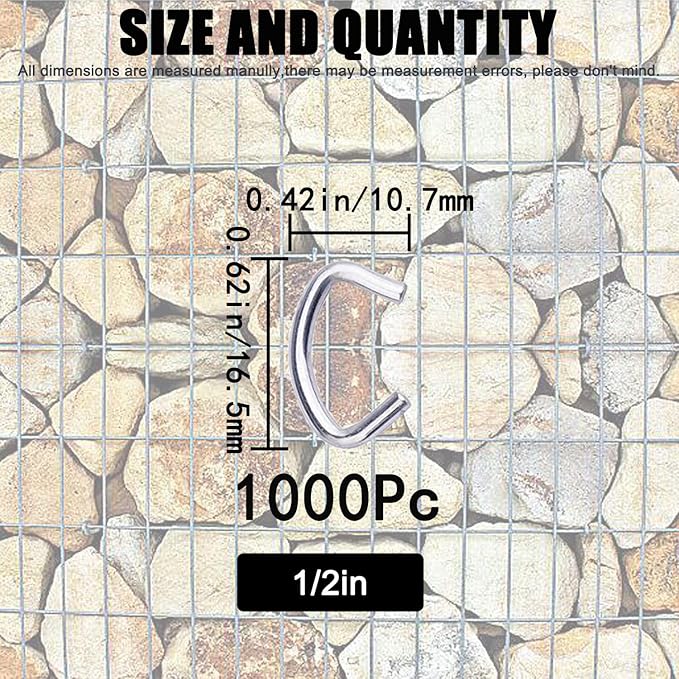 1000Pcs 1/2" Galvanized Hog Rings Assortment Kit, Professional Hog Rings Installation Kit for Bungee Shock, Cords, Animal Pet Cages