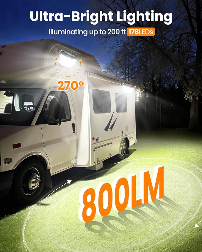 LUHLEE 178 LED Magnetic RV Solar Lights Outdoor, 800LM Ultra-Bright RV Porch Light with Motion Sensor, Strong Magnets IP65 Waterproof rv Lights Exterior for Awning Camper Trailer Porch (4 Pack)