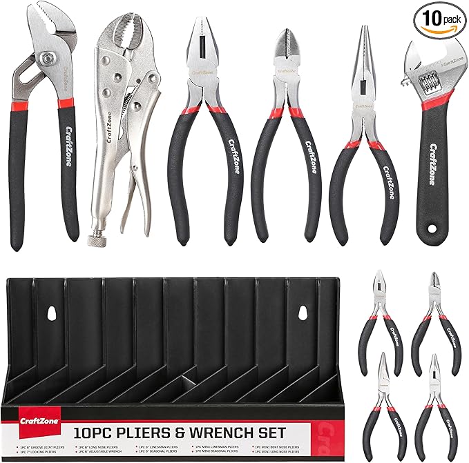 10PC Pliers and Wrench Set with Storage Rack – Includes Locking | Long Nose | Diagonal Cutter | Groove Joint | Linesman & Mini Plier, Carbon Steel Tool Kit for DIY and Home a Gift for Man
