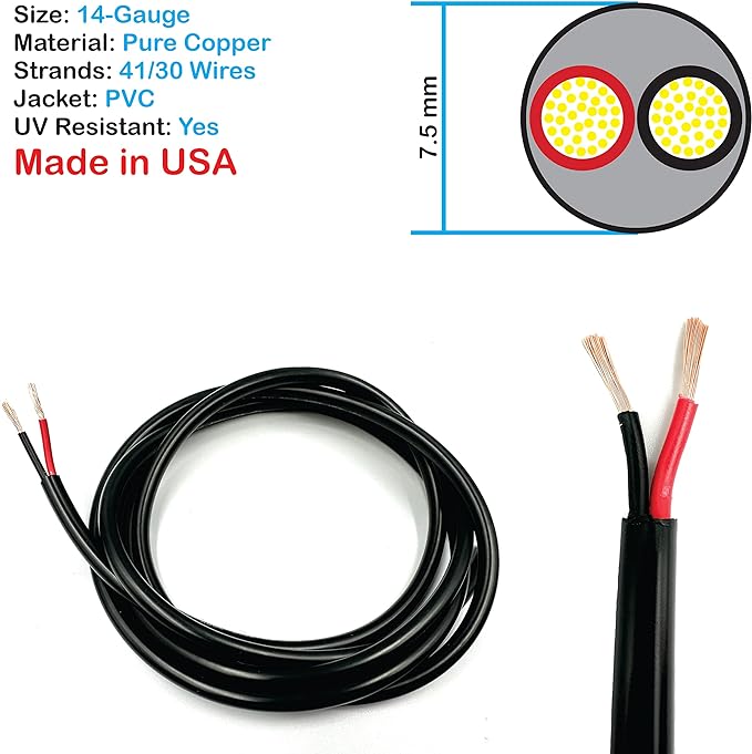 NATIONAL Wire & Cable – 14 AWG 2-Conductor Premium Copper Wire, 50 ft, Stranded | Made in USA, Heavy-Duty Flexible Jacket | Automotive, Low Voltage, LED, Lights, DIY, Indoor and Outdoor Use5