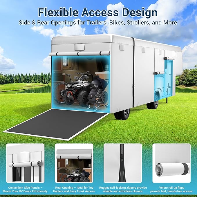 600D Oxford Fabric 5th Wheel Cover 23-26ft RV Cover, 6 Layers Waterproof Rip-Resistant Anti-UV Motorhome Camper Cover with Tongue Jack Protection, Tire Covers, Windproof Straps