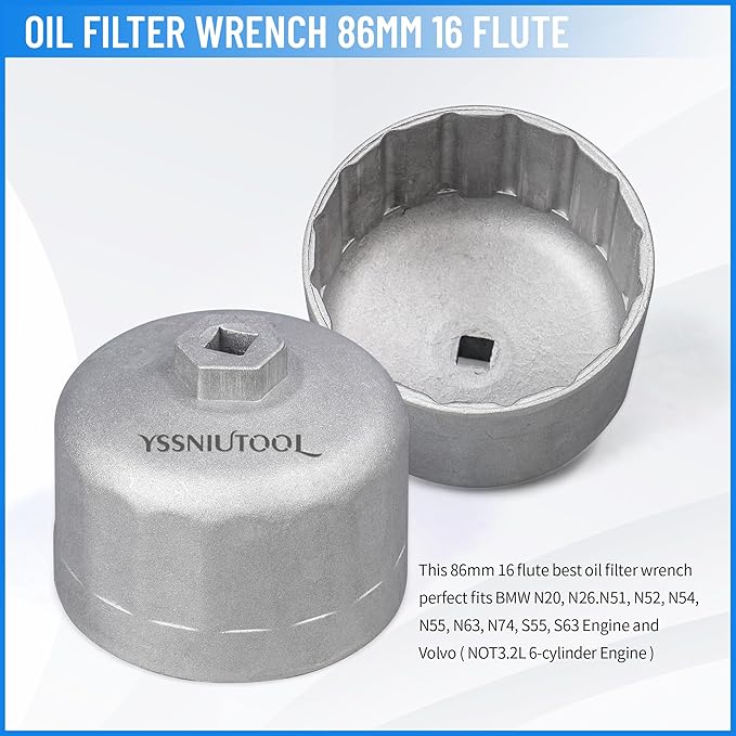 86.6mm 16 Flutes Oil Filter Wrench for Volvo and BMW With 86mm 16 Flutes Cartridge Style Oil Filter Housing Caps, Oil Filter Removal Tool For Changing Oil (silver)