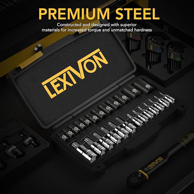 LEXIVON Master Torx Bit and Socket Set, Premium S2 Alloy & Cr-V Steel | 25-Piece, Bit Socket T8-T60 & E-Torx E4-E22 | Heavy-Duty Storage Case (LX-148)