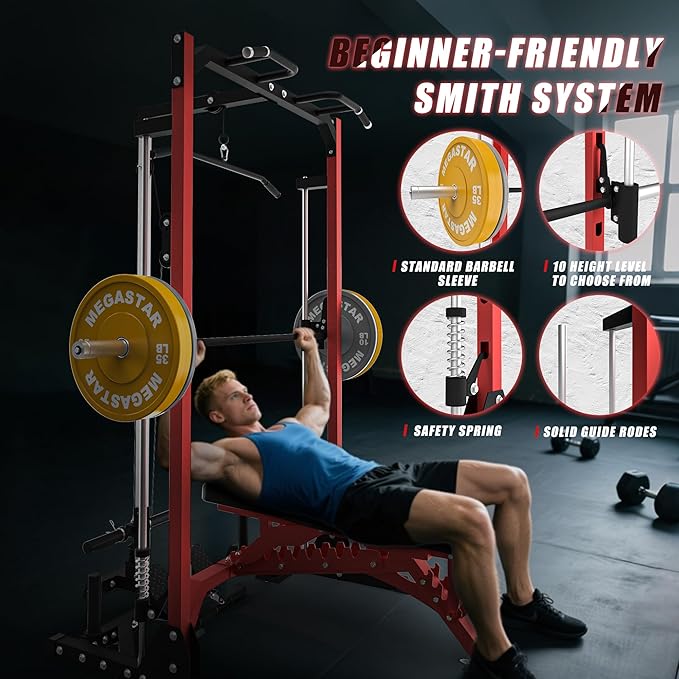 Compact Smith Machine Home Gym - 800lb Barbell Sleeve, Space-Saving Power Cage with LAT Pulldown, Power Rack 5-in-1, 1500lb Capacity for Garage & Small Spaces, P70