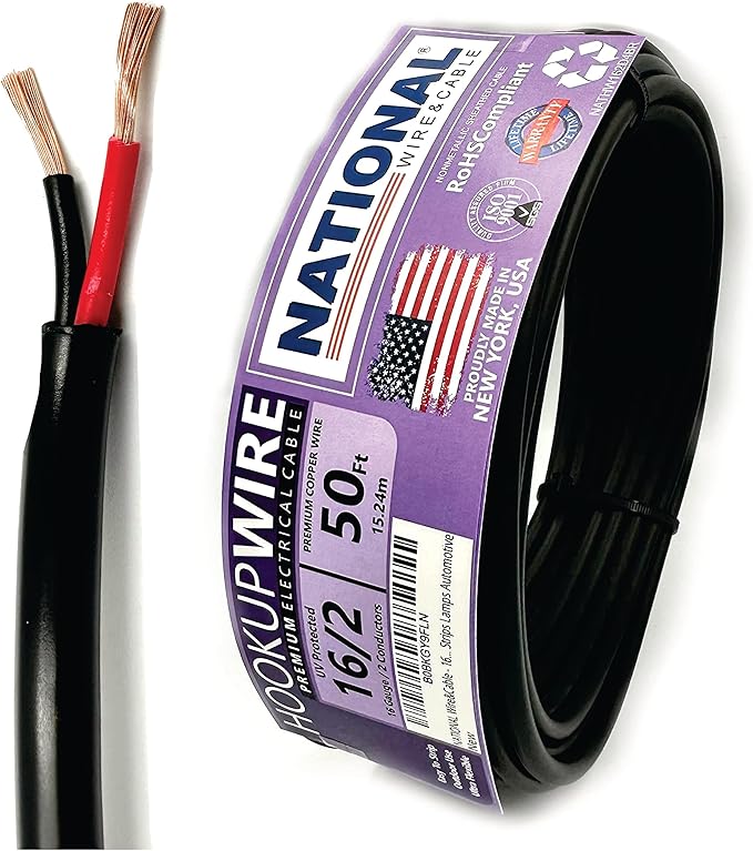 NATIONAL Wire & Cable – 16 AWG 2-Conductor Premium Copper Wire, 50 ft, Stranded | Made in USA, Heavy-Duty Flexible Jacket | LED, Lights, DIY Projects, Low Voltage Wiring, Indoor and Outdoor Use