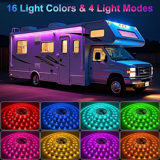 16.4FT RV Awning Lights, 12V Multicolor Camper Awning Lights with Remote Control, Waterproof Rv Led Light Strip for Motorhome Travel,Travel Trailers, Camper, Food Trucks