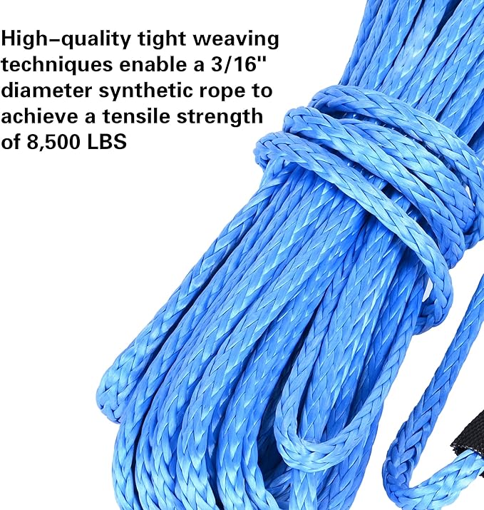 ATV UTV Synthetic Winch Rope Cable 3/16" x 50 ft, 8,300 lbs Pulling Strength, with Protective Sleeve, Safety Pull Strap, for 4X4 Offroad Vehicles (Blue, 3/16" x 50 ft)