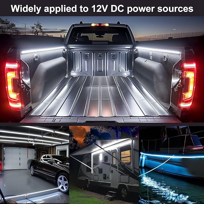 60Inch LED Truck Bed Lights, 2PCS White LED (Light Emitting Diode) Lighting Fixtures, Waterproof Truck Bed Lighting Bar Switch Fuse Splitter Cable for RV SUV Vans Cargo Boats