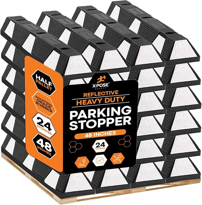 Xpose Safety 48" Heavy Duty Rubber Parking Stopper – Bulk Half Pallet 24 Pack Wheel Blocks for Garage, Driveway, or Ramp – Car Bumper Stop with White Reflective Strips – Removable Floor Mount