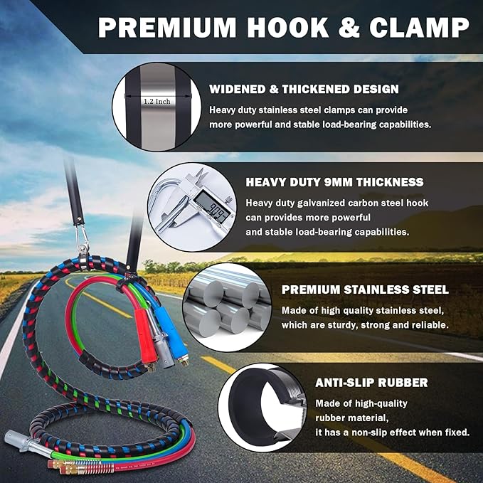 CheeMuii 16" Single Tender Spring Kit with 3-in-1 Air Line Holder and 3-Hole Clamp Holder Heavy Duty Tender Spring for Semi Truck Air Lines Kit with 2 Style Air Line Holders for Truck Trailer Tractor
