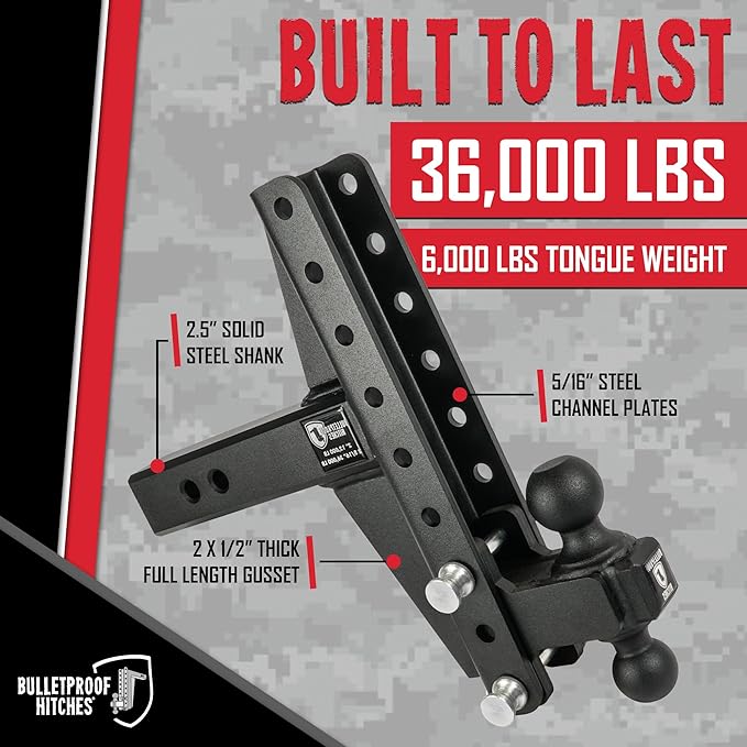 BulletProof Hitches - 2.5" Adjustable Extreme Duty Trailer Hitch (36,000 lb. Rating) - Offset 4" & 6" Drop/Rise with 2" and 2 5/16" Dual Ball - Powder Coat, Solid Steel, Corrosion-Resistant