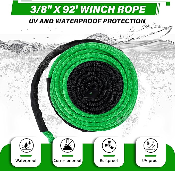TYT Synthetic Winch Rope 3/8" X 92' with Hook, 27000LBS Synthentic Winch Cable Kit with Protective Sleeve for 4WD Off Road Vehicle Truck SUV Jeep (Green)