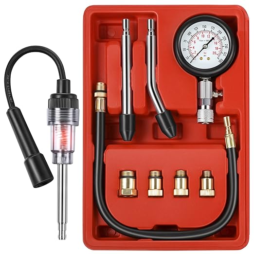 9 Pieces Automotive Compression Tester Kit and Spark Plug Tester, Universal Car and Motorcycle Engine Testing Tools for Cylinder Pressure Gauge (Red)