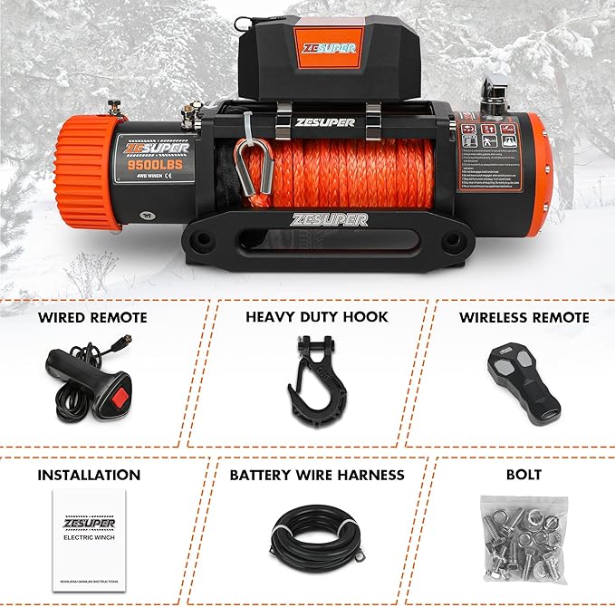 ZESUPER 9500 lb Electric Winch,12 Volt Winch with Wireless Handheld Remotes and Wired Switch,Hawse Fairlead,Hook,Synthetic Rope Waterproof IP68 Winch for Jeeps,SUV,Trailer Truck
