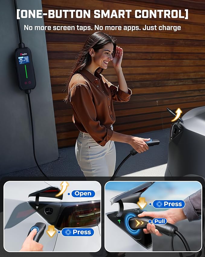 2025 Upgraded Level 1&2 Tesla Mobile Charger, 8-16Amp Adjustable Current & Timer, 110V–240V, NEMA 5-15 & 6-20 Plug, 21ft Tesla Charging Cable, Mobile Connector for Tesla Model Y/3/X/S/Cybertruc