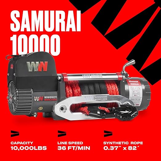 Warrior Winches Samurai 10000 lbs 12V Electric Winch with Synthetic Rope - Powerful Electric Winch for Trucks - 10000 lbs Load Capacity - Wireless Remote Included