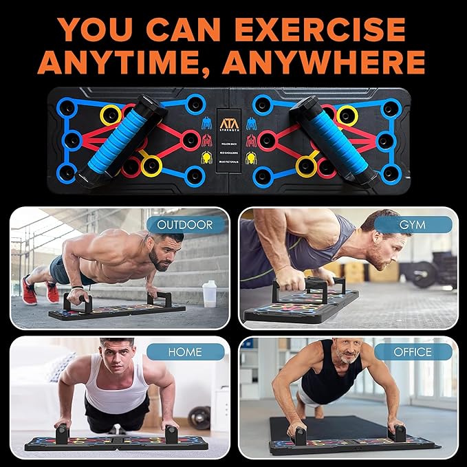 ATA-Strength Heavy-Duty 15-in-1 Foldable Push Up Board for men and women with Adjustable Grip Strengthener, skipping Rope, and 3 Resistance Bands Comprehensive Home Workout System for Targeted Muscle Training and Enhanced Grip Strength