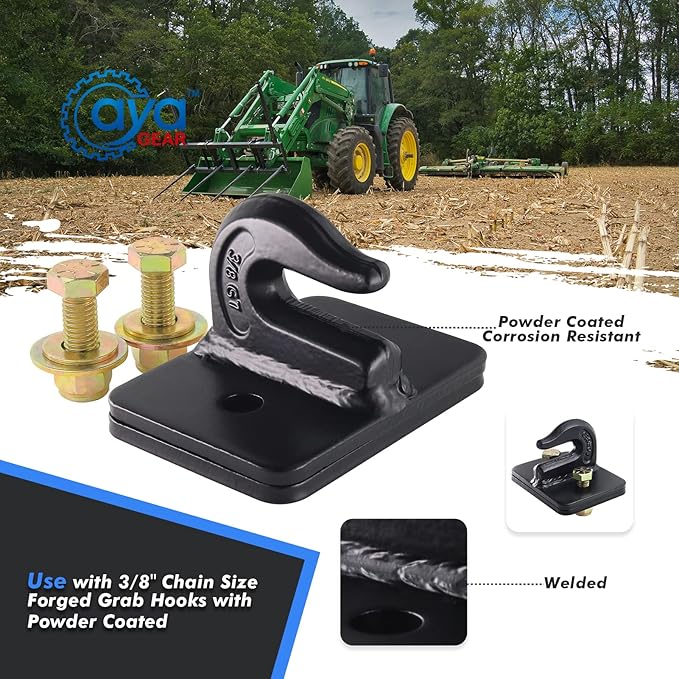 2 Pack 3/8-in Bolt On Grab Hook Mount with Backer Plate Grab Hook Grade 70 Forged Steel Tow Hook Work Well for Loader, Tractor Bucket, RV, UTV,Truck (Black)