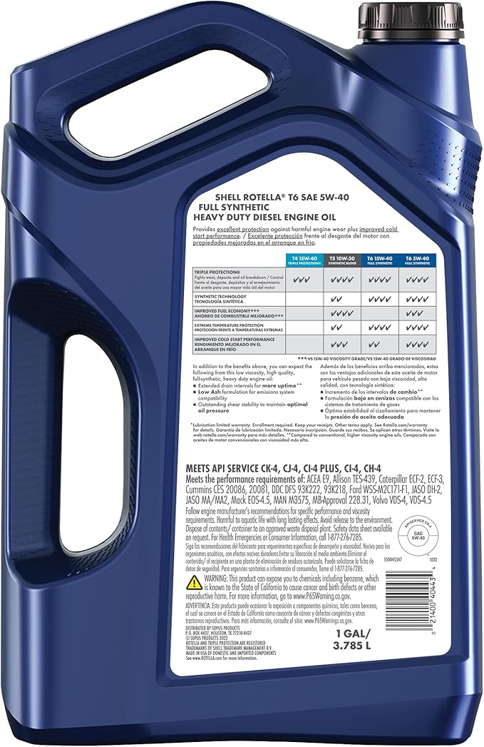 Shell Rotella T6 Full Synthetic 5W-40 Motor Oil, 1 Gallon (3 Pack)