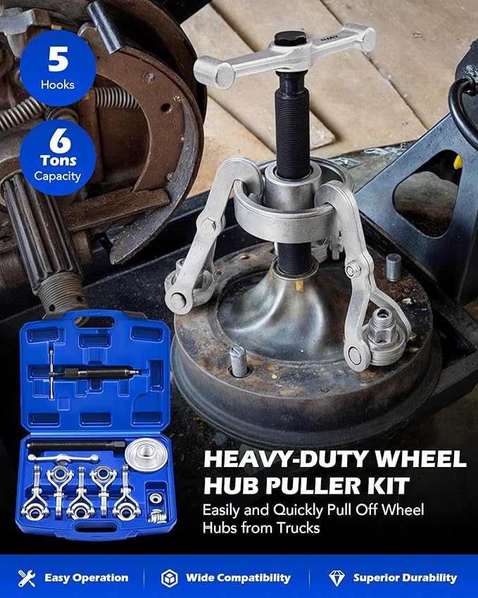 Orion Motor Tech Heavy Duty Hub Puller Kit, Wheel Hub Removal Tool with Adjustable Hooks, Large Brake Drum Puller with Hydraulic Ram, Mechanical Hub Puller Tool Set for Cars Trucks Large Vehicles
