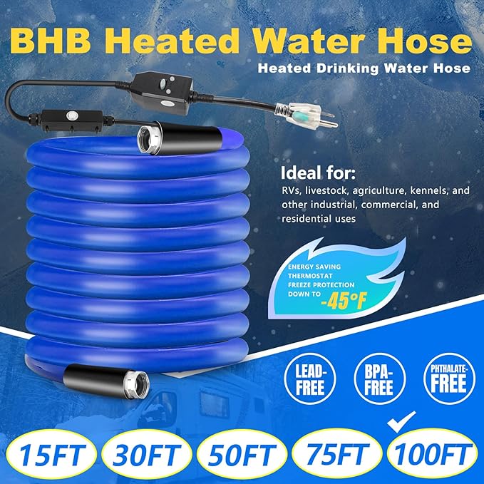 BHB Upgraded 100 FT Heated Water Hose 5/8"ID Compatible With RV -45 ℉ Antifreeze Energy Saving Thermostat RV Accessories, With Storage Bag And 4 Types Of Adapters