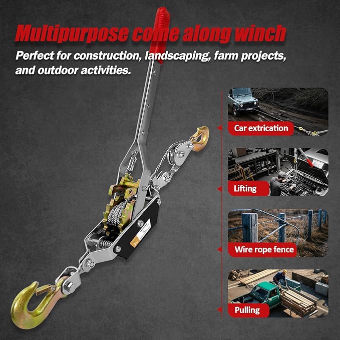 2T 10FT Come Along Winch Heavy Duty, 2 Gears Come Along Pulling Tool, Cable Winch Puller 2 Hooks, Come Along Power Puller Ratchet Tool, Manual Winch Ratchet Tool for Towing Lifting