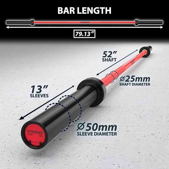 Synergee Games 15kg and 20kg Colored Ceramic Coated Barbells. Rated 1500lbs for Weightlifting and Powerlifting. Black, Red, Grey, Pink