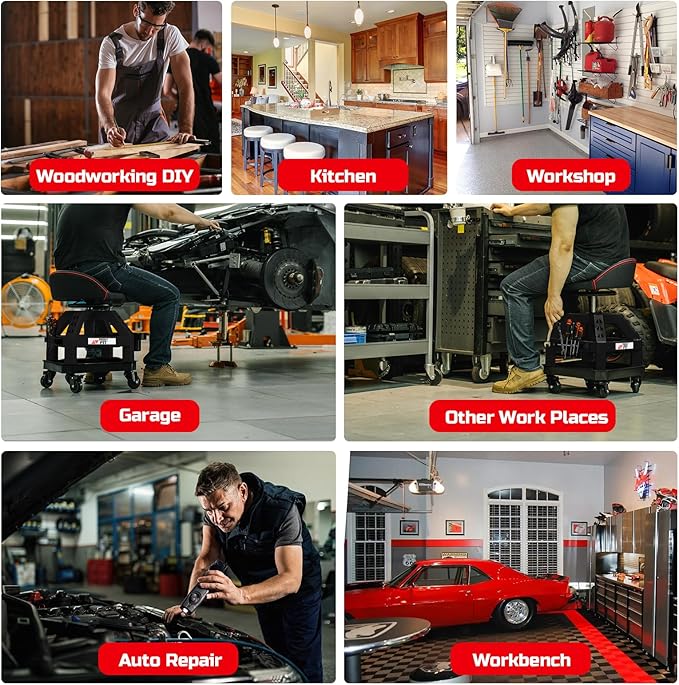 Rolling Shop Stool for Garage with Casters, DO02-Adjustable Height 360° Swivel Shop Seat with Tool Tray Storage, 330 LBS Capacity Padded Mechanic Stool, Magnetic Tool Hold, Heavy Duty, Black