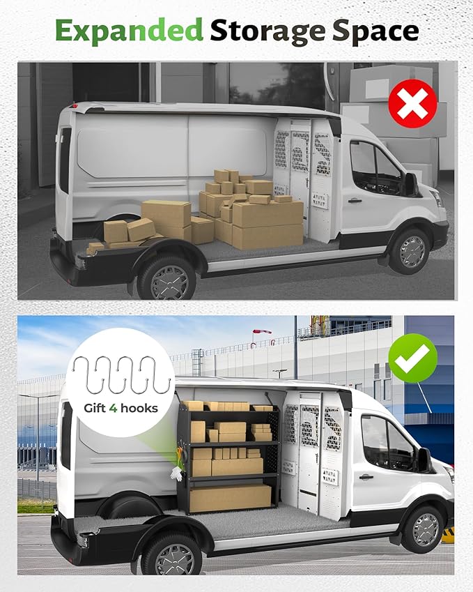 StarONE Cargo Van Shelving Storage Fit for Ford Transit,GMC,Chevy Express,NV,Promaster,Sprinter and Metris w/Hooks,Black,Steel,42" W x 46" H x 13" D