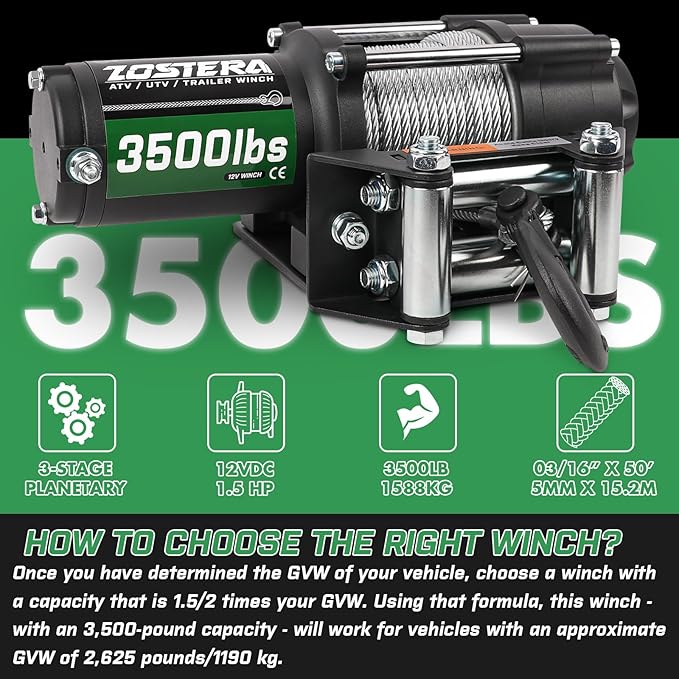 3500lbs ATV/UTV Winch Electric Boat Trailer Winch 12V, Waterproof Winch with Wire Rope, with 2 Wireless Remotes &Wired Switch,with Mounting Plate,Pulley,Rope Damper,Aluminium Fairlead