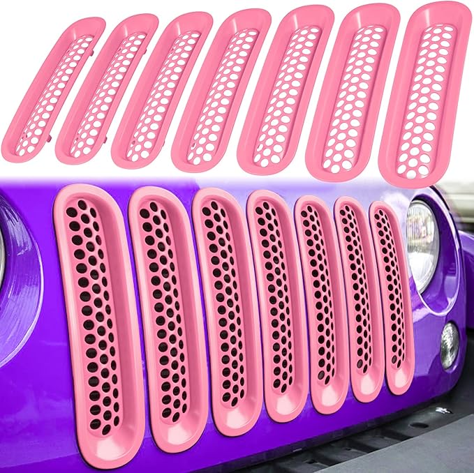 7PCS Front Grill Mesh Inserts for Jeep Wrangler JK JKU Unlimited 2007 2008 2009 2010 2011 2012 2013 2014 2015 2016 2017 2018 Grille Guard Cover Trim Clip-in Exterior Accessories (Matte Pink)