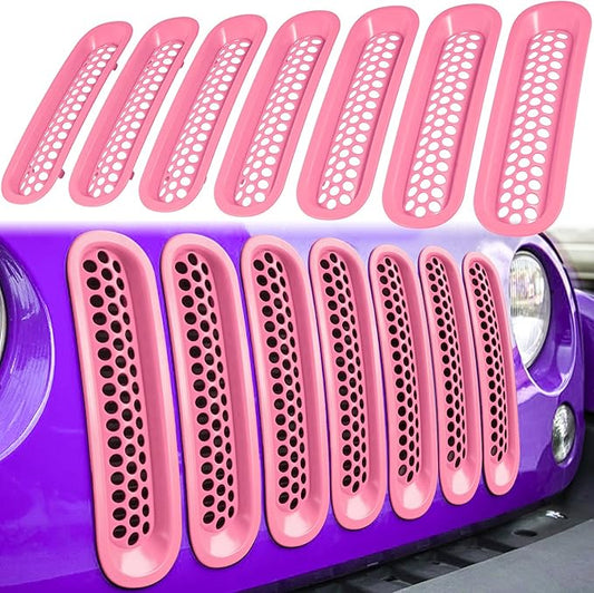 7PCS Front Grill Mesh Inserts for Jeep Wrangler JK JKU Unlimited 2007 2008 2009 2010 2011 2012 2013 2014 2015 2016 2017 2018 Grille Guard Cover Trim Clip-in Exterior Accessories (Matte Pink)