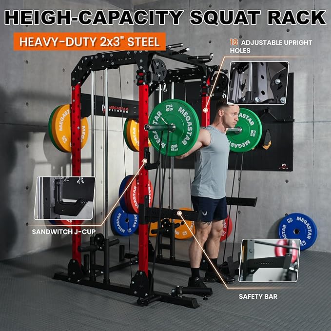 Power Rack Home Gym with Aluminum Pulley Set – 2000LB Capacity Multifunction Squat Rack with Cable Crossover, Includes 16 Professional attachments for Home Gym Strength Training, P63 Rampage