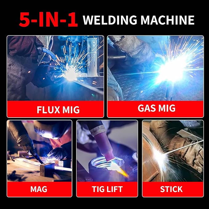 PONEY 140A MIG Welding Machine 110V/220V - 5 in 1 MIG/MAG/FLUX/TIG LIFT/MMA Welder Machine with Synergic Control IGBT Inverter and Digital Screen Display