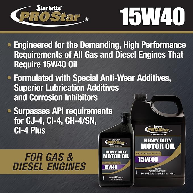 STAR BRITE Pro Star Super Premium Motor Oil SAE 15W-40 - High Performance, Heavy-Duty Engine Protection - Meets API CI, CJ-4, & More - 32 OZ