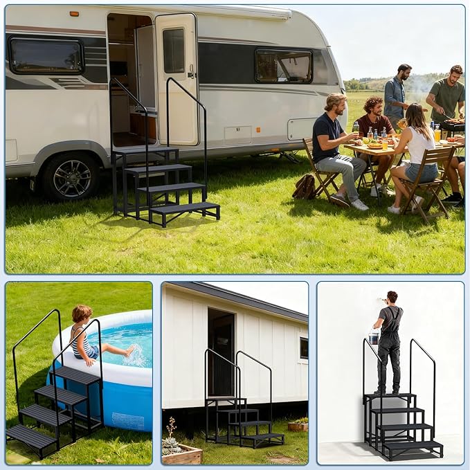 RV Steps with Handrail, 4 Steps RV Stair, Mobile Home Stairs for Camper, Trailer, hot tub, Steps with Non-Slip mat, 660lbs Capacity