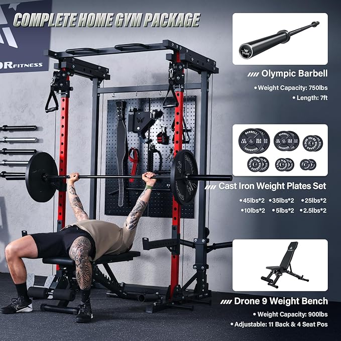 MAJOR FITNESS Drone3 Power Cage - Multi-Function Power Rack for Home Gym, Squat Rack with Pull-up Bar, Cable Crossover System, J-Hooks, for Strength Training, Heavy-Duty Steel Construction