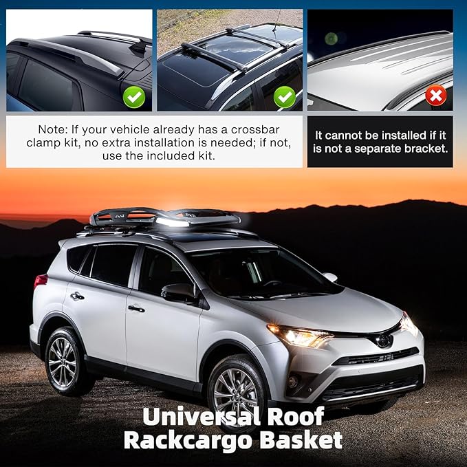 JMTBNO Roof Rack Cargo Carrier Basket with Brake Lights, 55 * 40inch Universal Rooftop Cargo Carrier with 2PCS Shark Clip Crossbars Double Layer Aluminum Car Top Luggage Holder for SUV Trucks Cars