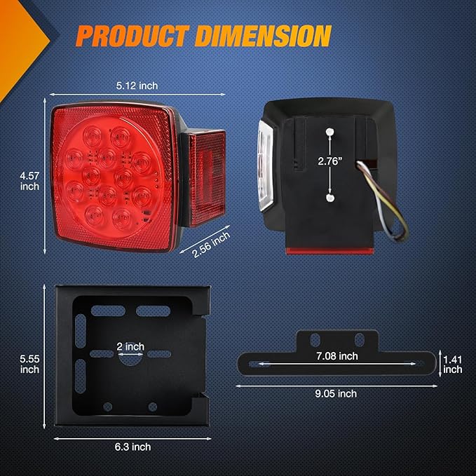 Nilight LED Trailer Light Kit 2 PCS Square Stop Turn Tail Side Marker Lights Steel Mounting Box License Plate Bracket Submersible IP68 For 12V Utility Boat Camper RV Truck