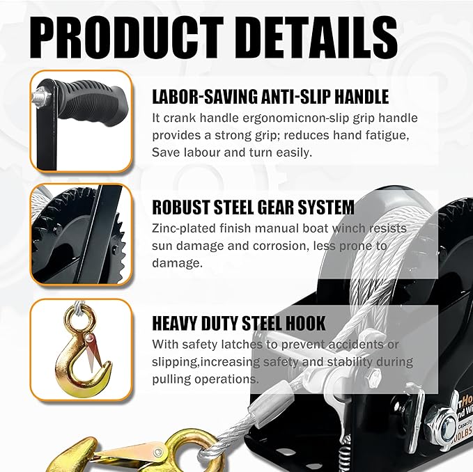 Boat Trailer Winch 1600lbs Capacity with 32Ft Steel Cable,Hand Winch Two-Way Ratchet Adjustable Trailer Winch,Portable Hand Crank Winch for Boat, Truck, ATV, Jet Ski