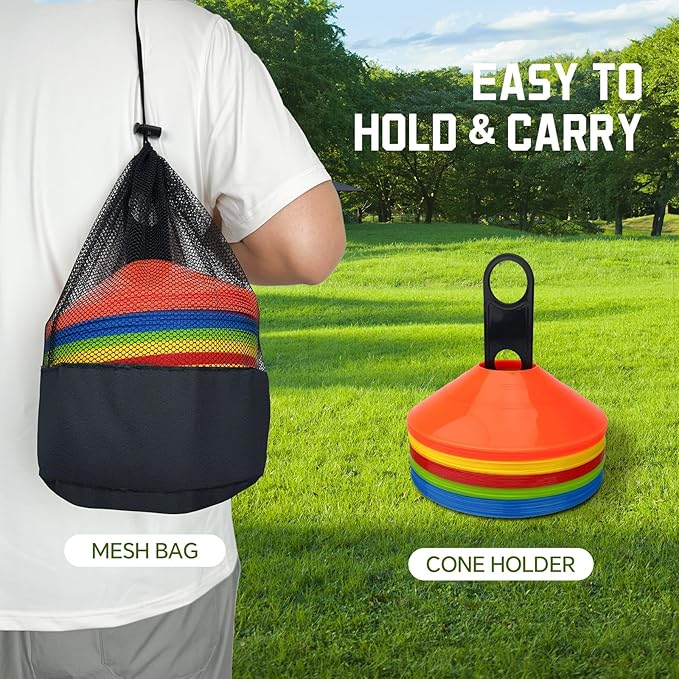 Soccer Training Cones, Football Sport Cones Training Field Marker Agility Cones with Carry Bag and Holder for Drills, Basketball, Coaching, Practice Equipment, 5 Color