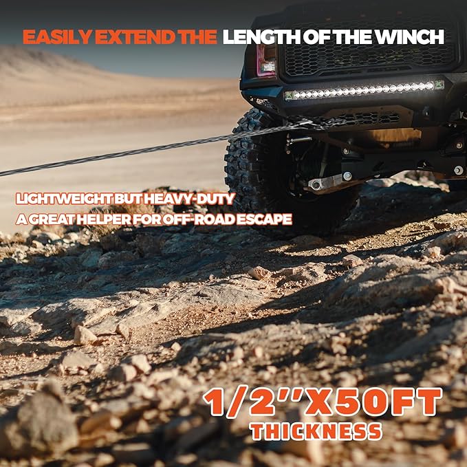 Winch Rope Extension, 1/2'' x 50ft 32,500Lbs Synthetic Winch Extension Rope, Winch Extension Line for Off Road Vehicle ATV UTV SUV Jeep (Gray)