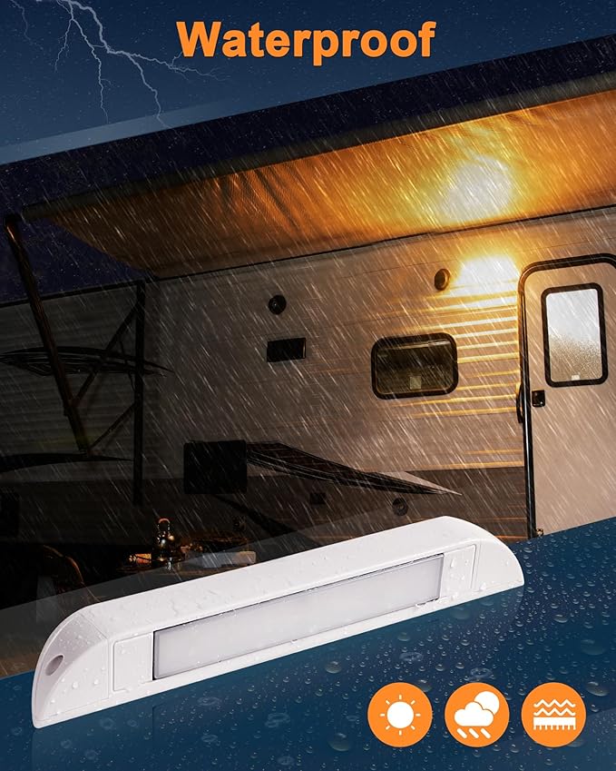 Raycharm 10" RV & Marine Boat LED Awning Porch Utility Light Fixture, 40° Down Angle, Amber/White Beam, 12V/24V DC, Waterproof IP67, Plastic Housing White Finish, 2-Pack